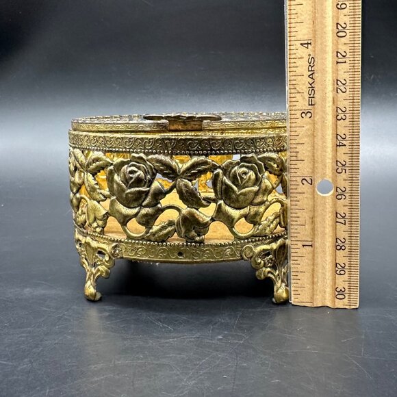 Vintage Jewelry Casket Box Floral Gold Tone Metal Glass Rose Flower Trinket Dish - Picture 8 of 10